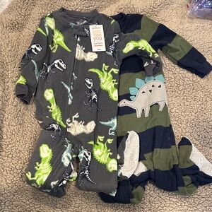 Carter's Gray and Green Dinosaur Fleece Footed Pajamas Bundle 18m